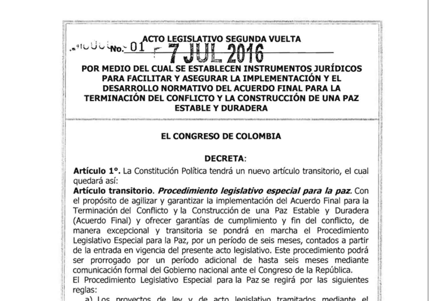 Acto Legislativo 01 de 2016